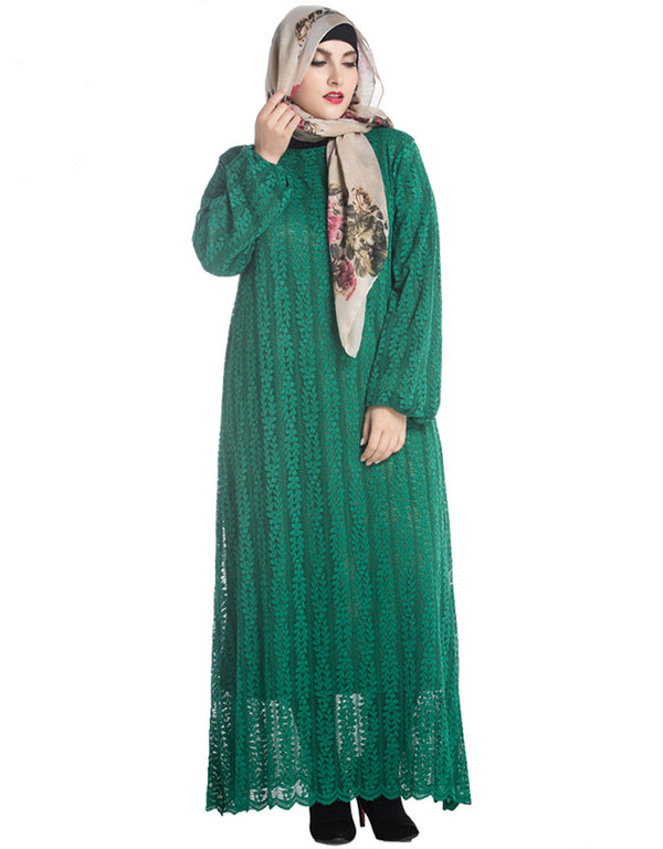 Elegant Dubai Abaya in Black with Long Sleeves and Lace Neckline